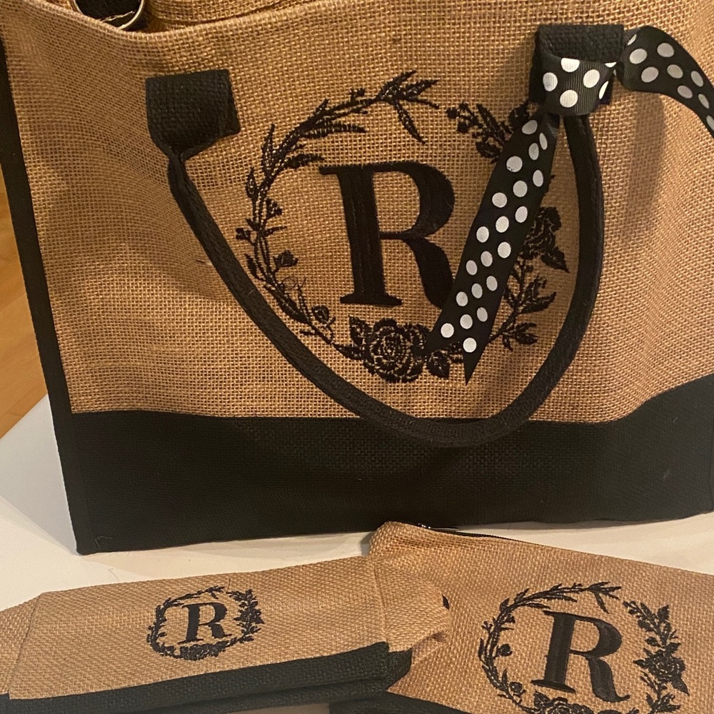 Mayicivo R Monogrammed Jute zippered Tote Bag set Black and Tan large